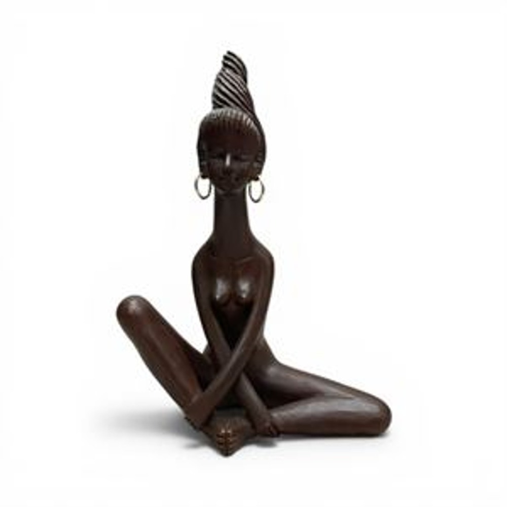 Vintage Indonesian Wood Carved Seated Woman Statue Handmade Asian Art